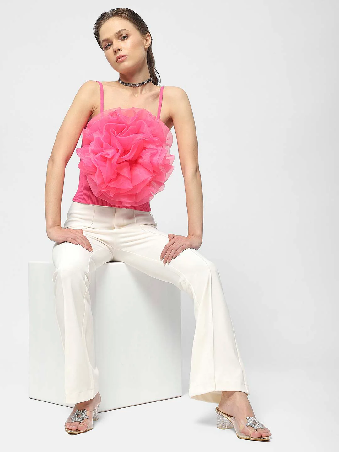 Madame Flower Applique Hot Pink Spaghetti Top - Image 5