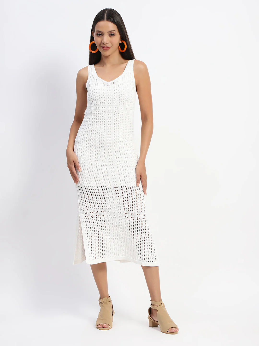 Madame V Neck Crochet Off White Knitted Dress - Image 3