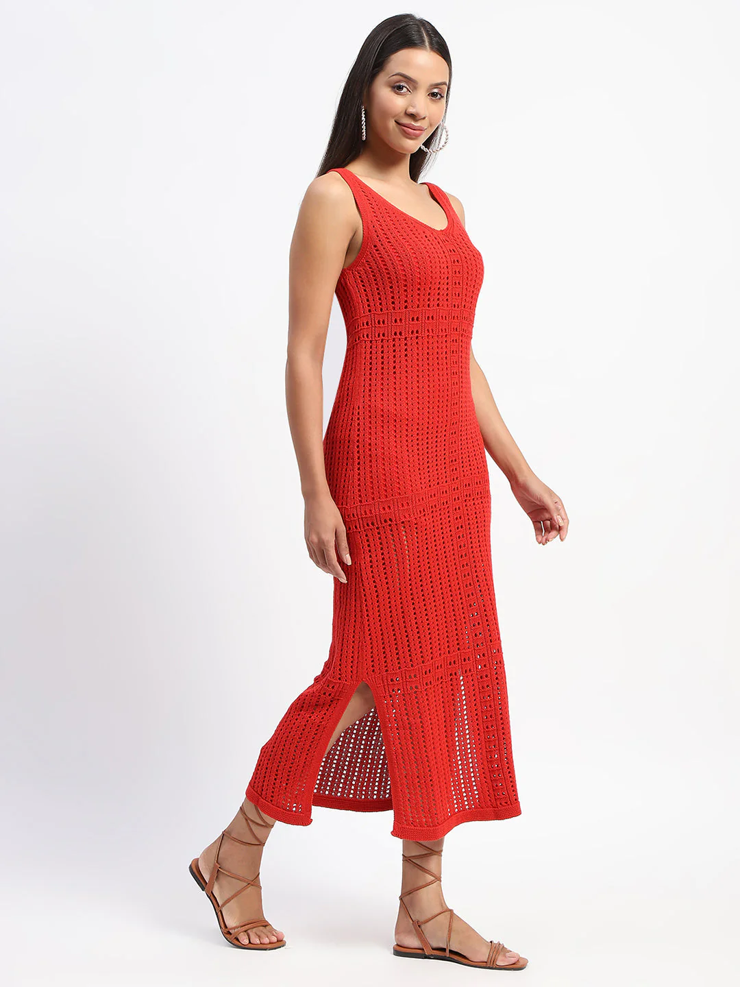 Madame V Neck Crochet Red Cotton Knitted Dress - Image 4