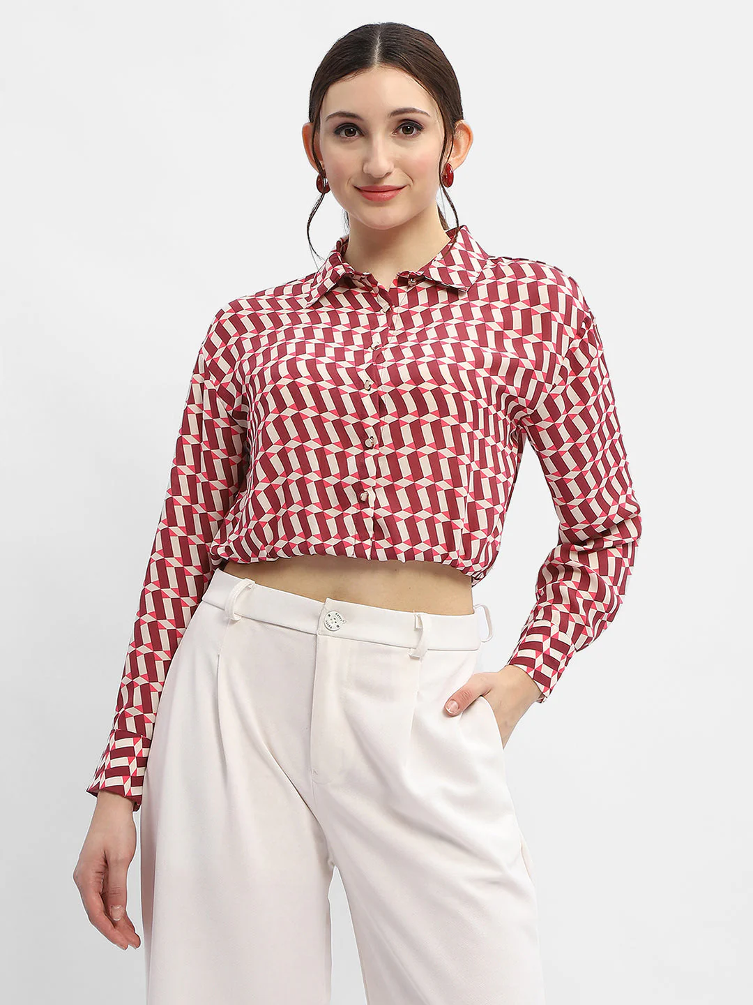 Madame Geometric Print Maroon Crop Shirt - Image 2