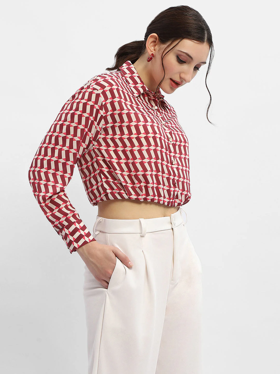 Madame Geometric Print Maroon Crop Shirt - Image 3