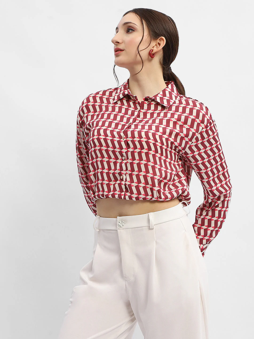 Madame Geometric Print Maroon Crop Shirt - Image 4