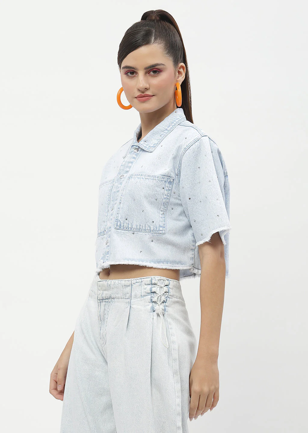 Madame Embellished Ice Blue Denim Crop Shirt - Image 2