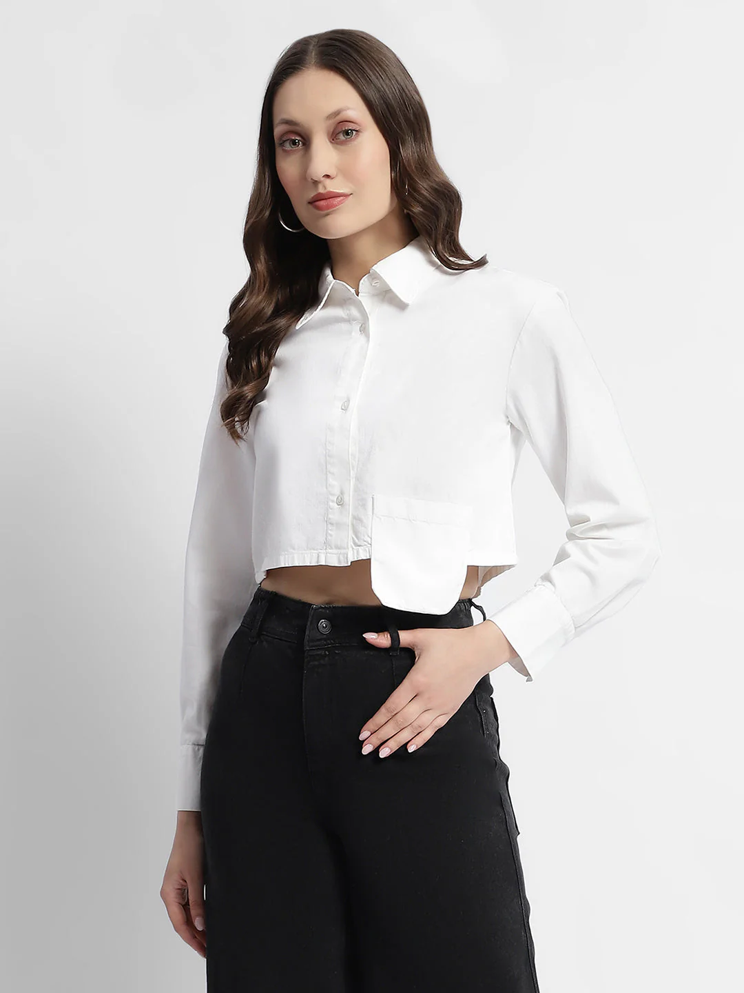 Madame White Front Flap Pocket Crop Shirt - Image 4
