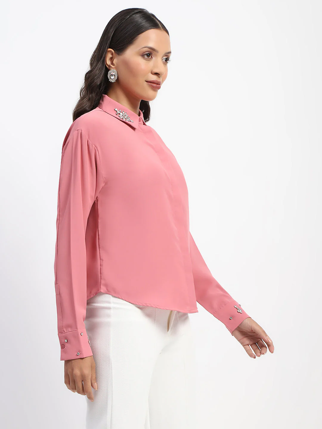 Madame Collar And Sleeve Embellished Dusty Pink Shirt - Image 3