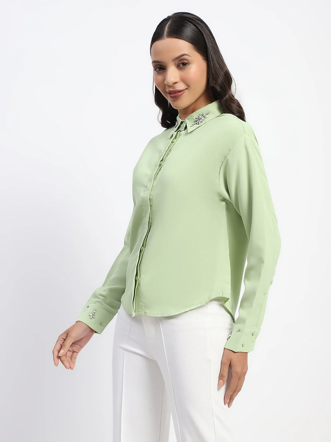 Madame Collar And Sleeve Embellished Green Shirt - Image 4