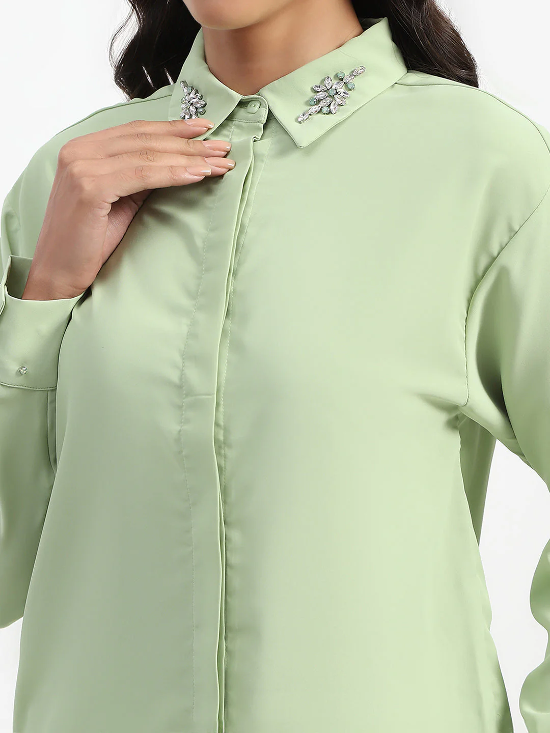 Madame Collar And Sleeve Embellished Green Shirt - Image 6