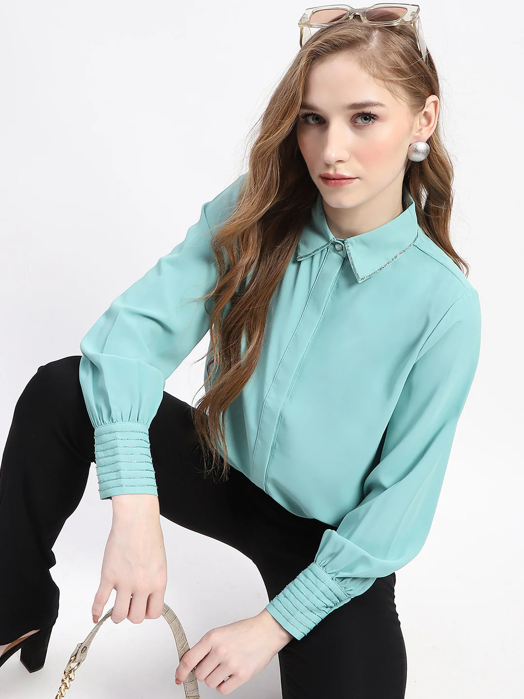 Madame Cuffed Sleeve Solid Mint Green Shirt - Image 5