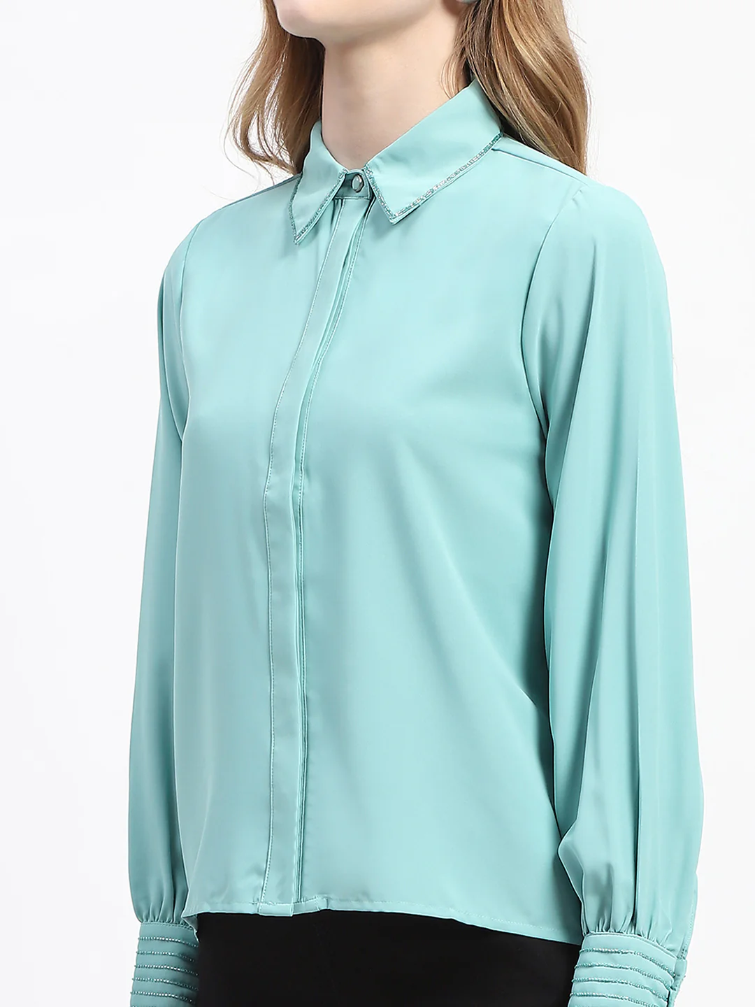 Madame Cuffed Sleeve Solid Mint Green Shirt - Image 6