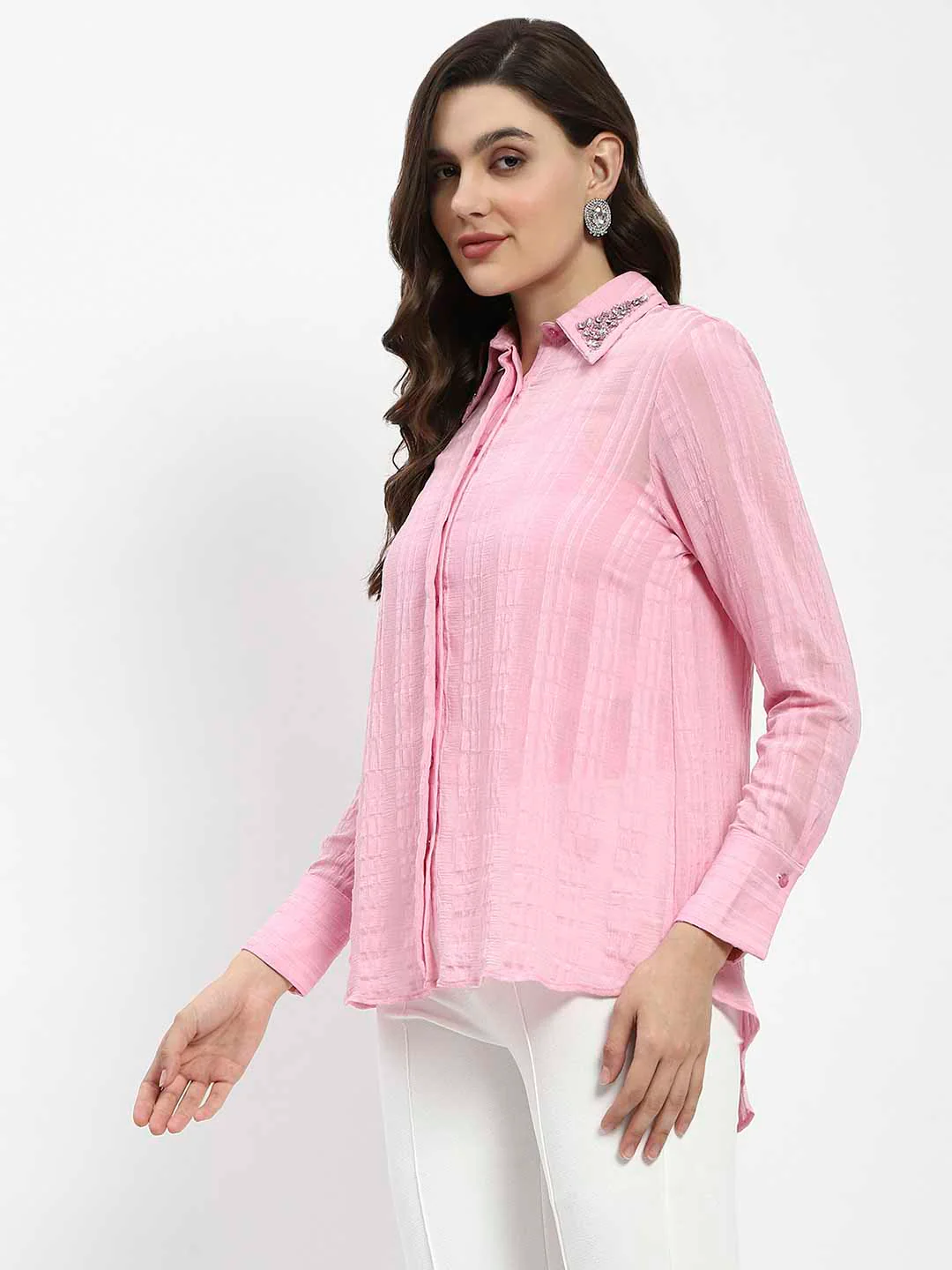 Madame Embroided Collar Pink Shirt - Image 4