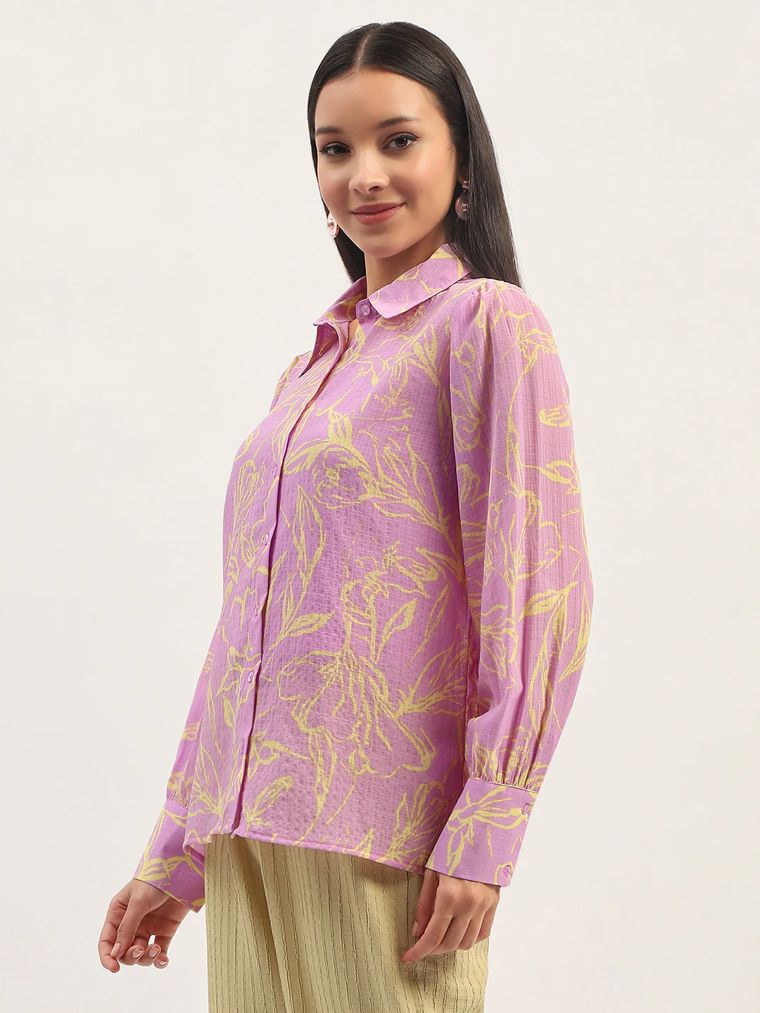 Madame Floral Print Bishop Sleeve Lilac Shirt - Image 3