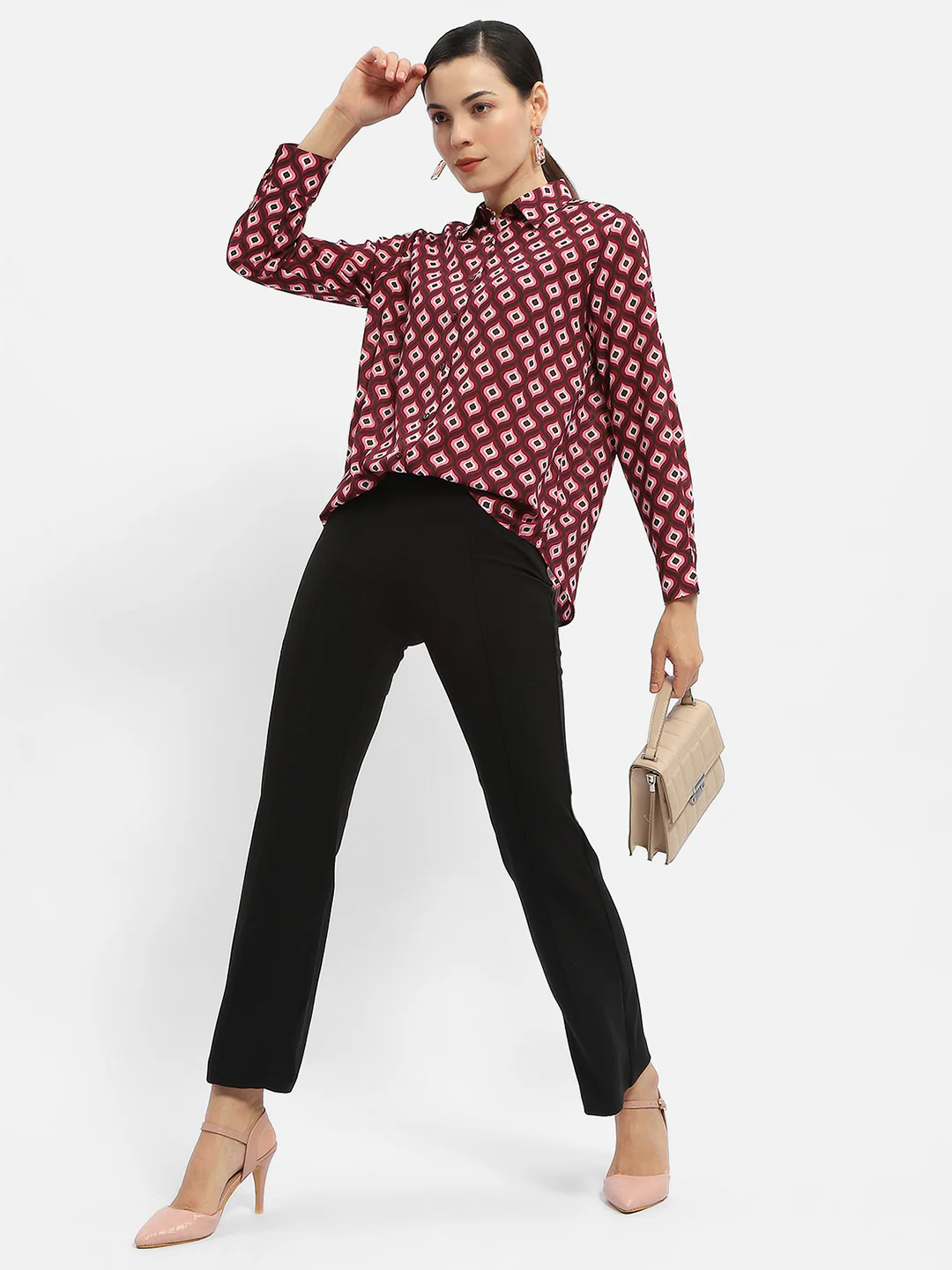 Madame Geometric Print Maroon Regular Shirt - Image 2