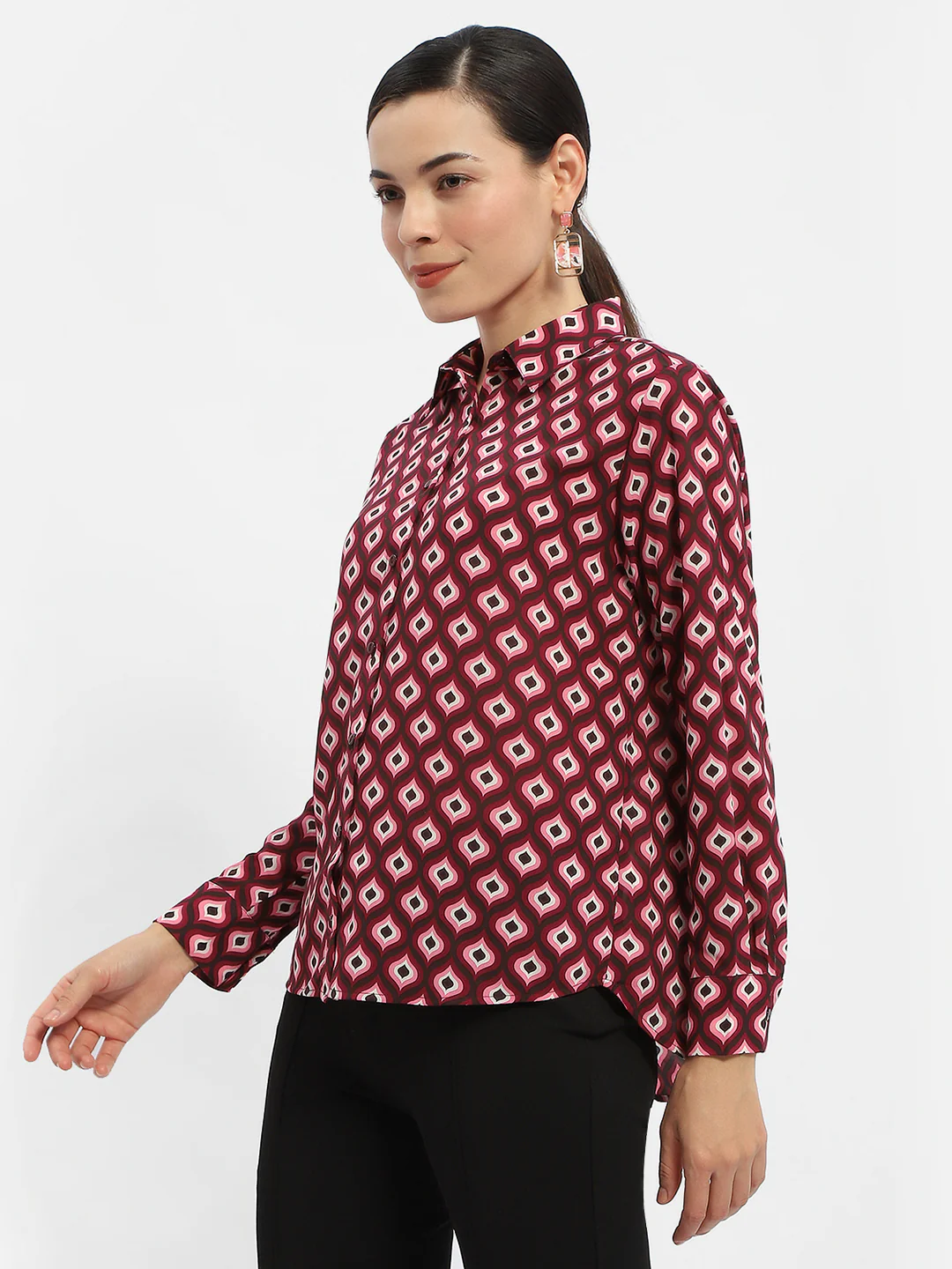 Madame Geometric Print Maroon Regular Shirt - Image 4