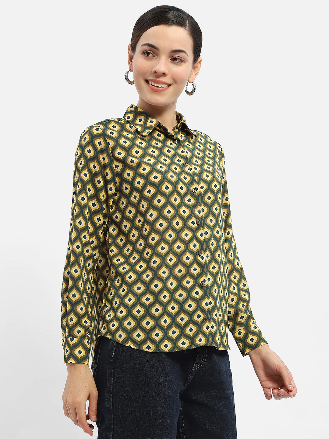 Madame Geometric Print Mustard Yellow Regular Shirt - Image 3