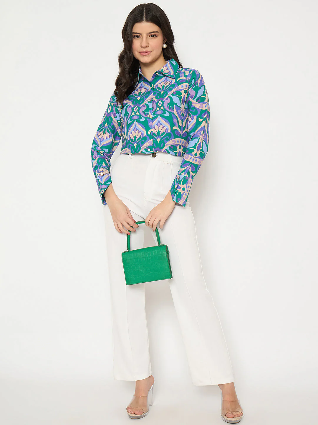 Madame All Over Print Full Sleeve Green Shirt