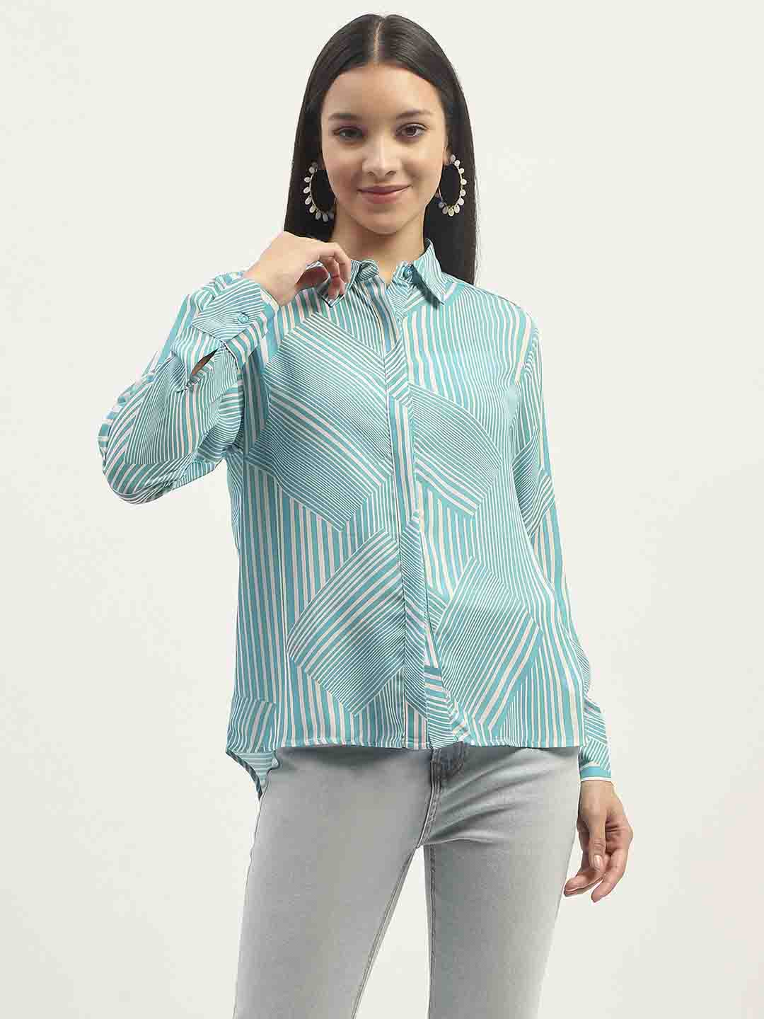 Madame Geometric Striped Aqua Shirt