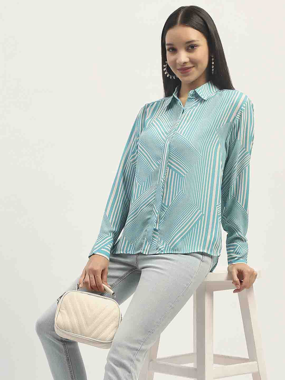 Madame Geometric Striped Aqua Shirt - Image 2