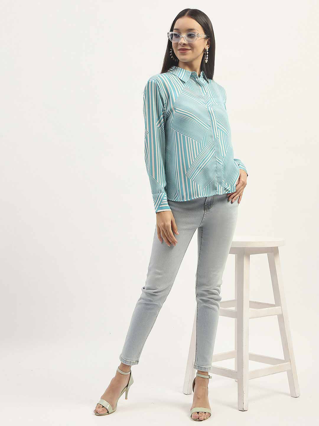 Madame Geometric Striped Aqua Shirt - Image 3