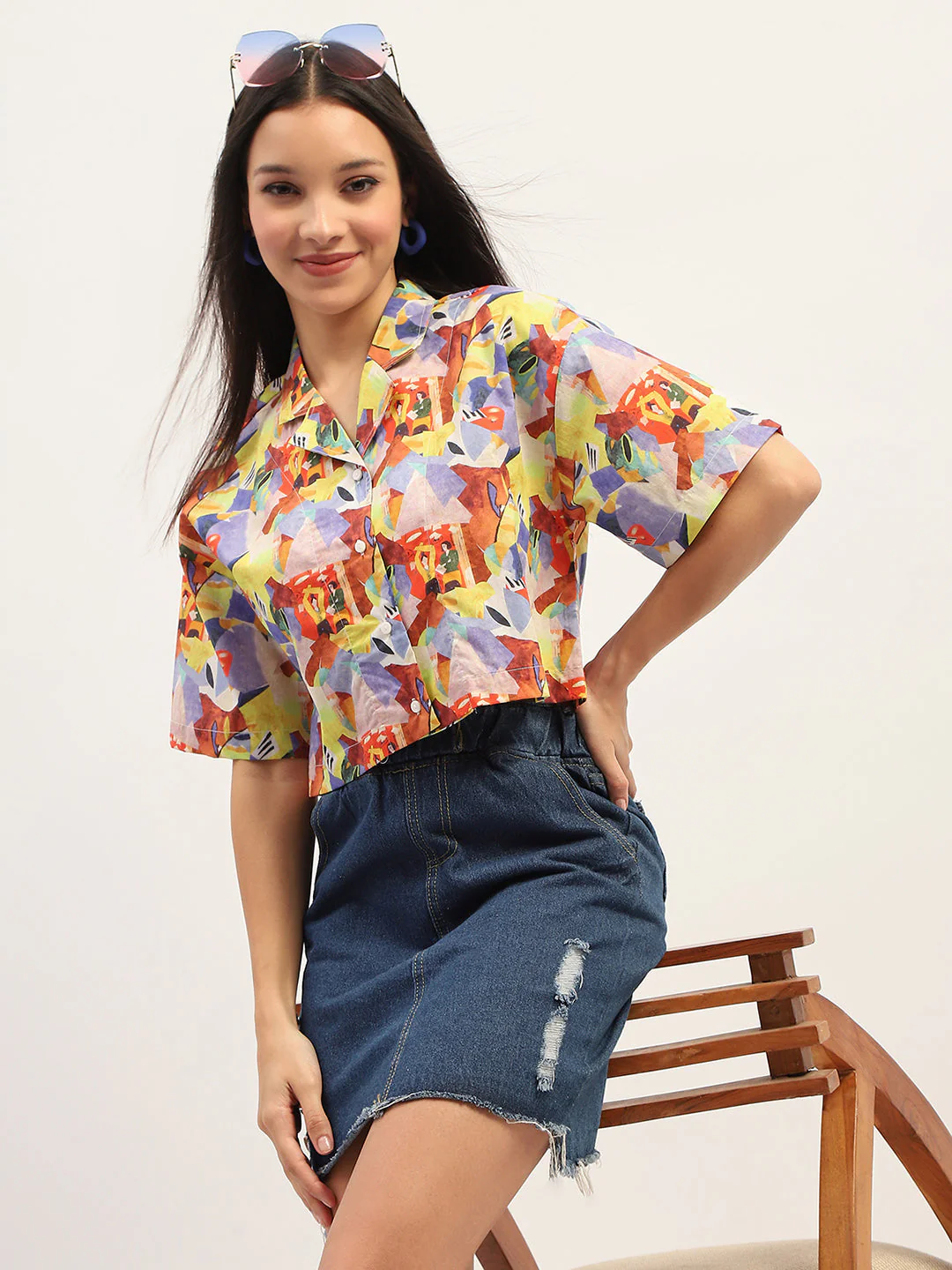 Madame Graphic Print Cotton Purple Cropped Shirt - Image 2