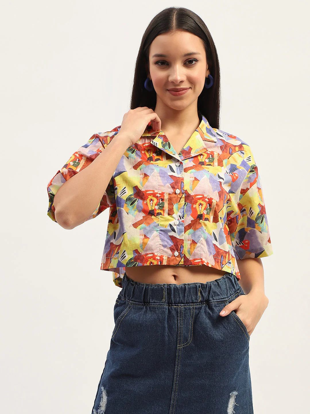 Madame Graphic Print Cotton Purple Cropped Shirt - Image 3