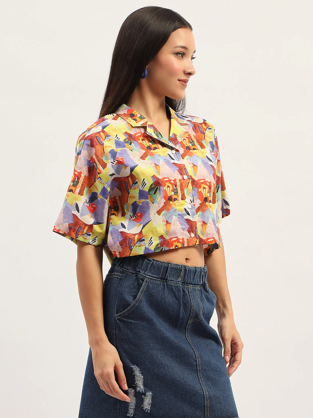 Madame Graphic Print Cotton Purple Cropped Shirt - Image 4