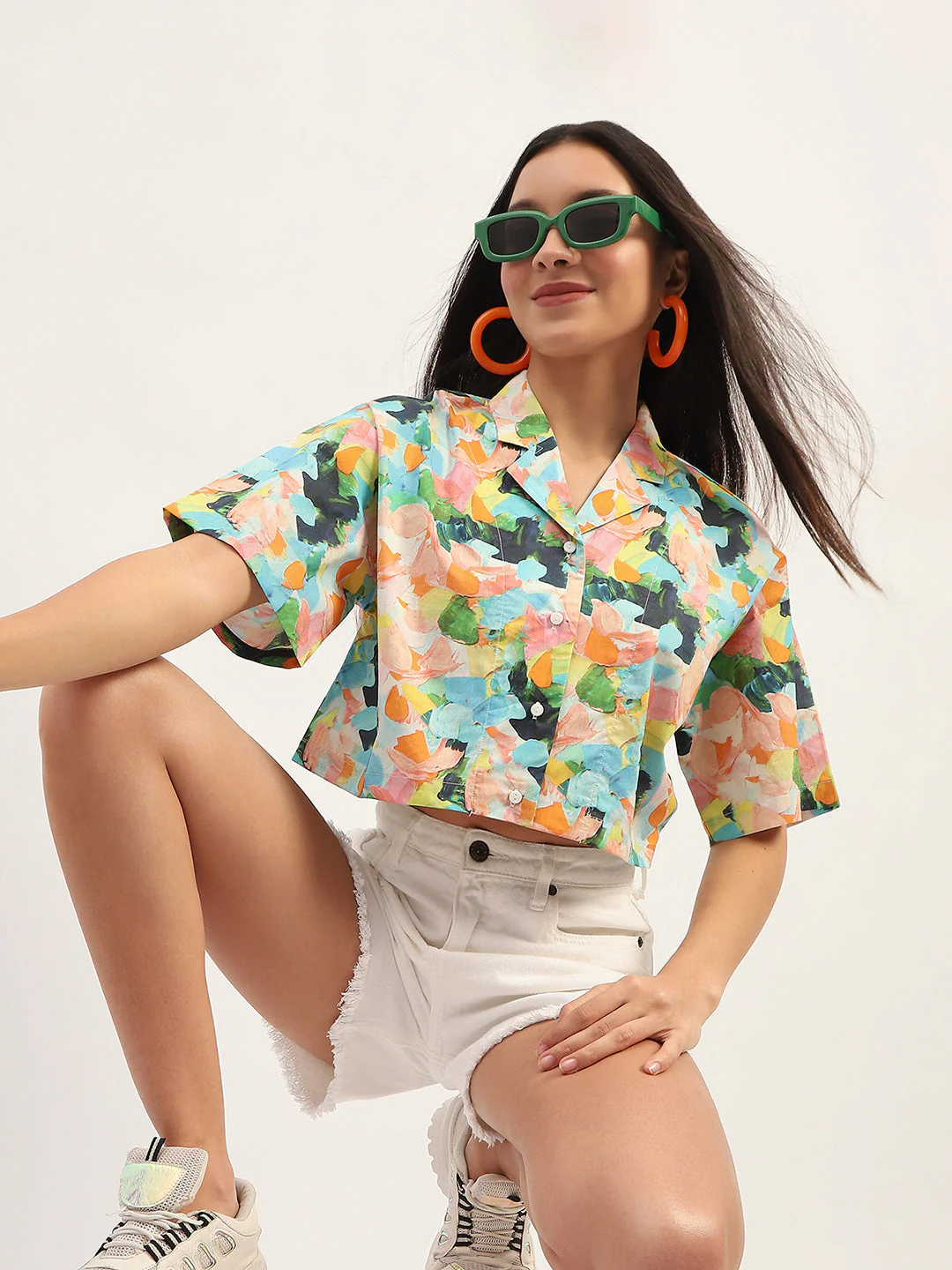 Madame Graphic Print Cotton Sky Blue Cropped Shirt - Image 2
