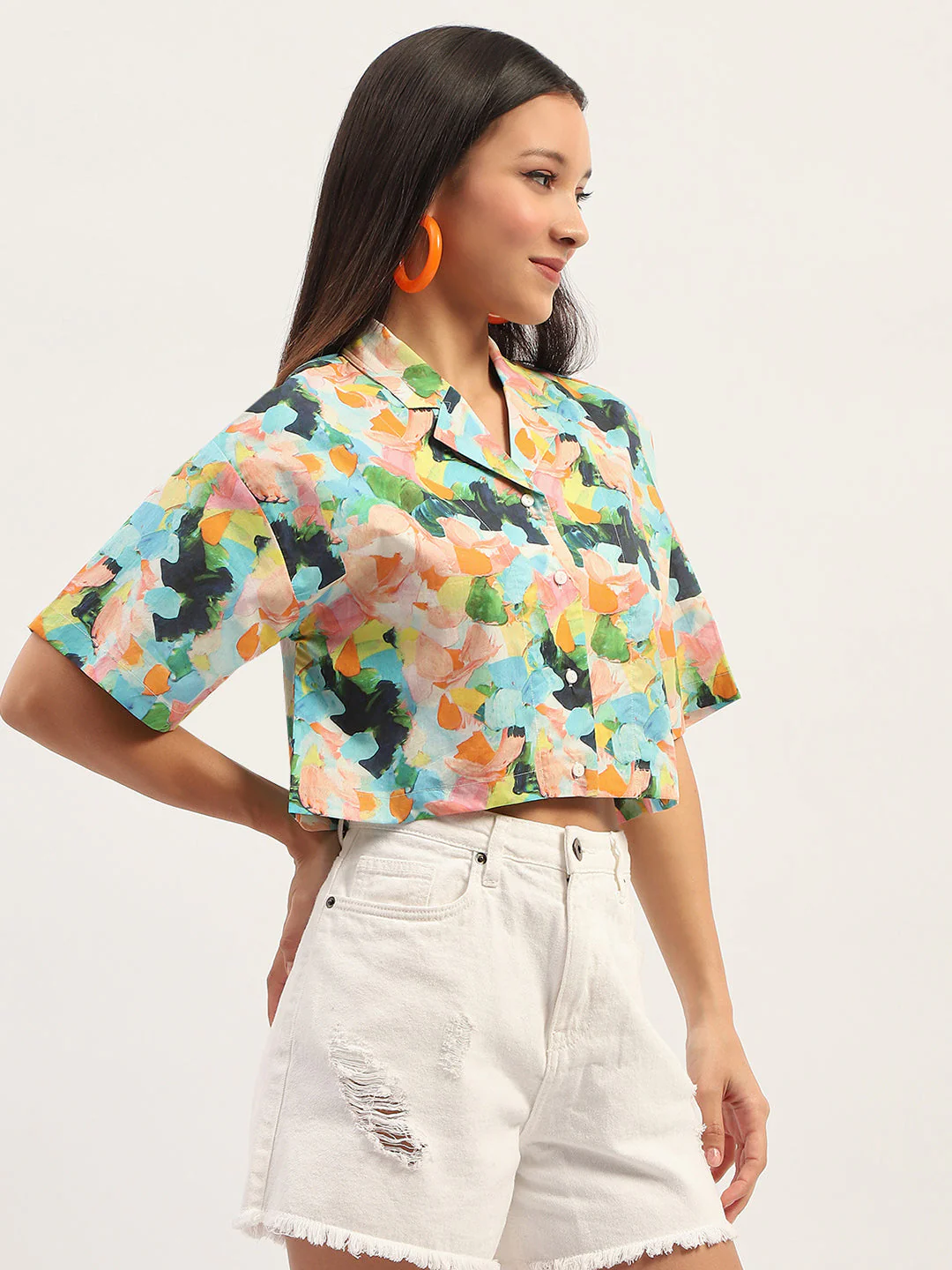 Madame Graphic Print Cotton Sky Blue Cropped Shirt - Image 4