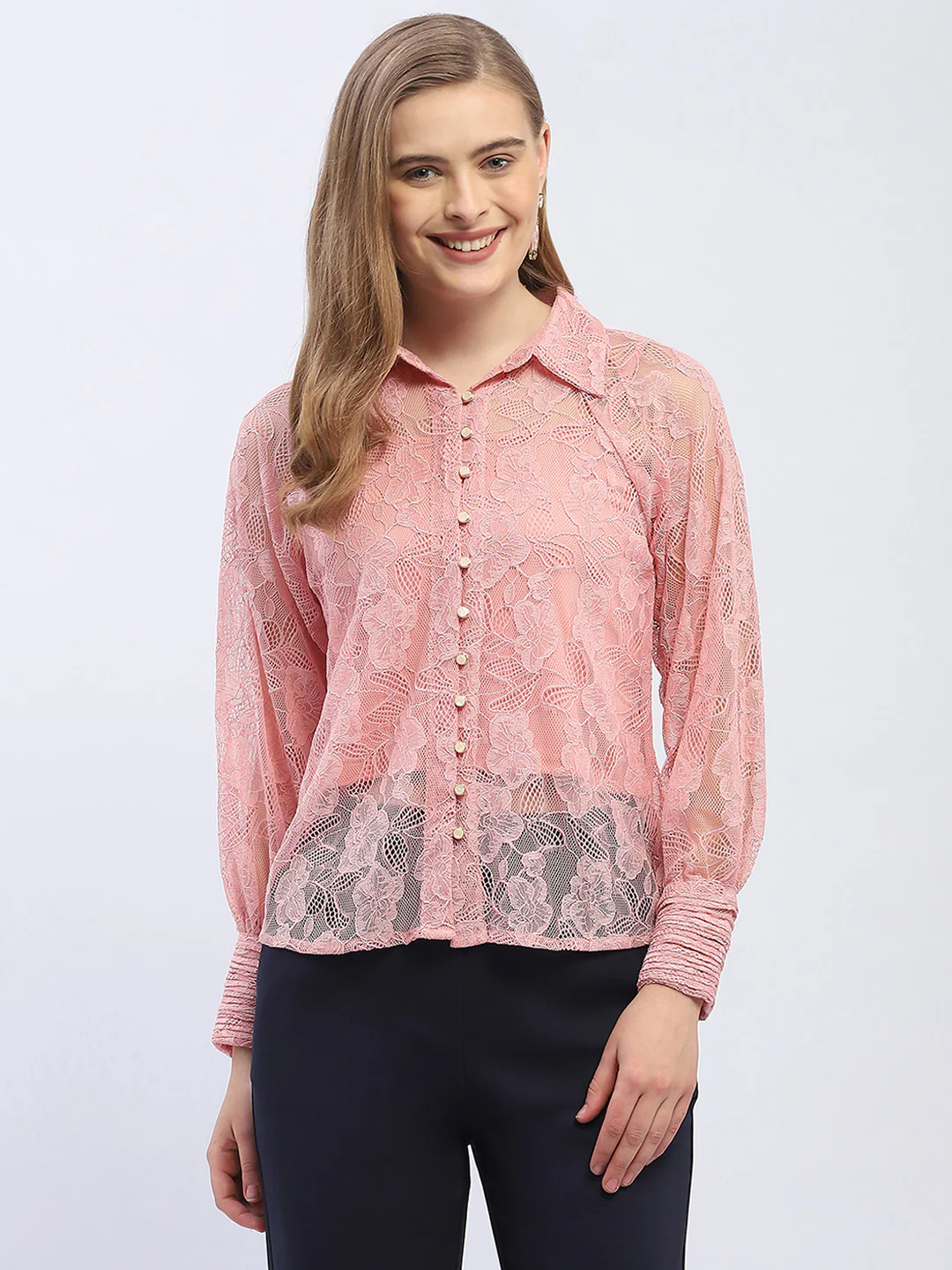 Madame Pleated Cuff Pink Lace Shirt