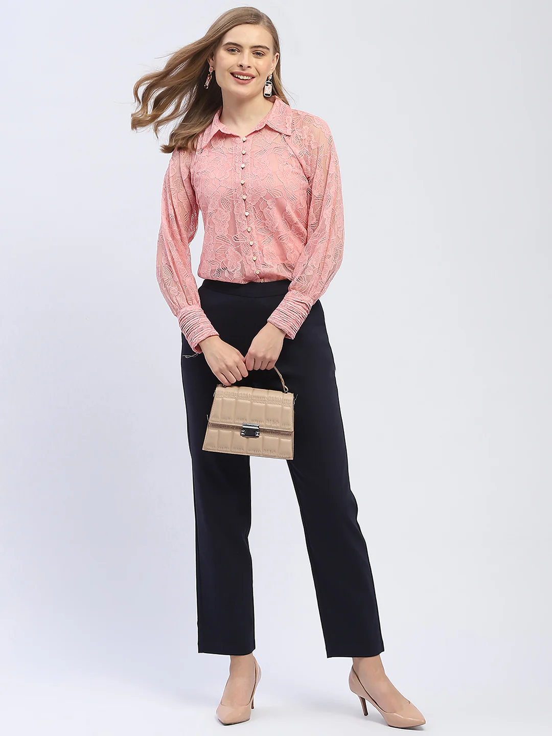 Madame Pleated Cuff Pink Lace Shirt - Image 2