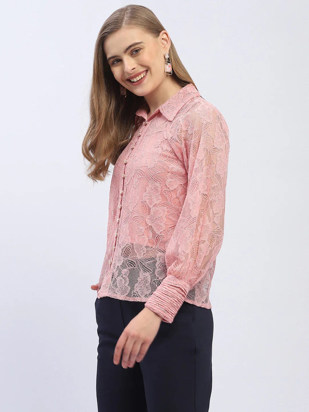 Madame Pleated Cuff Pink Lace Shirt - Image 4