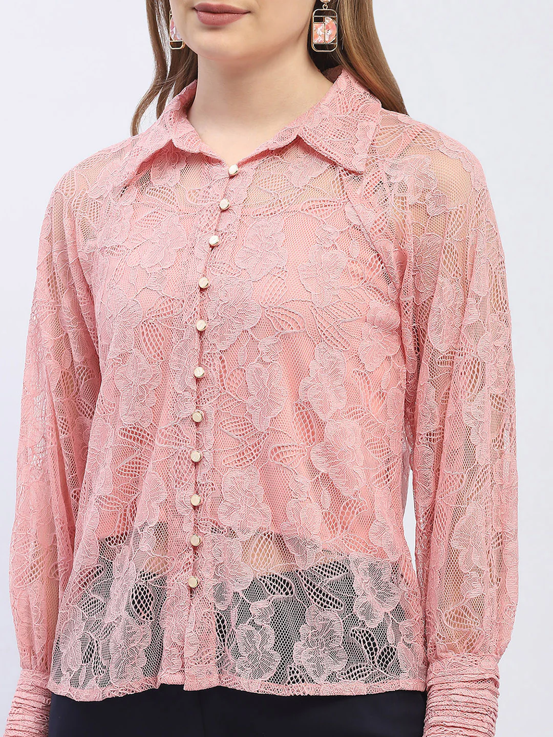 Madame Pleated Cuff Pink Lace Shirt - Image 6