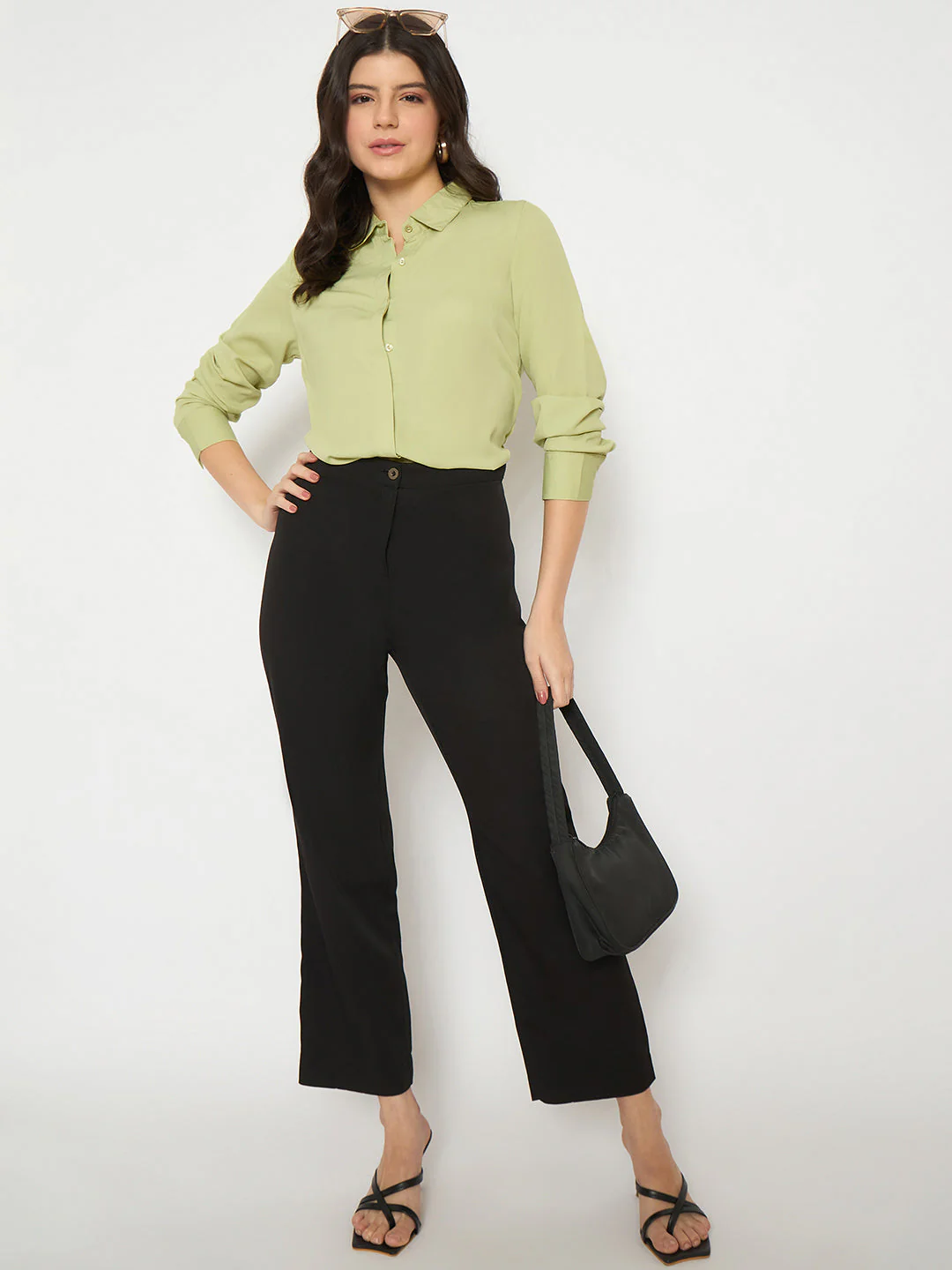 Madame Cuff Sleeve Solid Green Shirt - Image 2