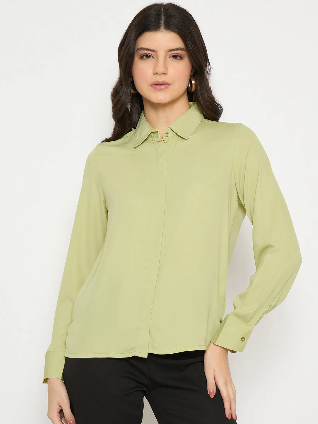 Madame Cuff Sleeve Solid Green Shirt - Image 3