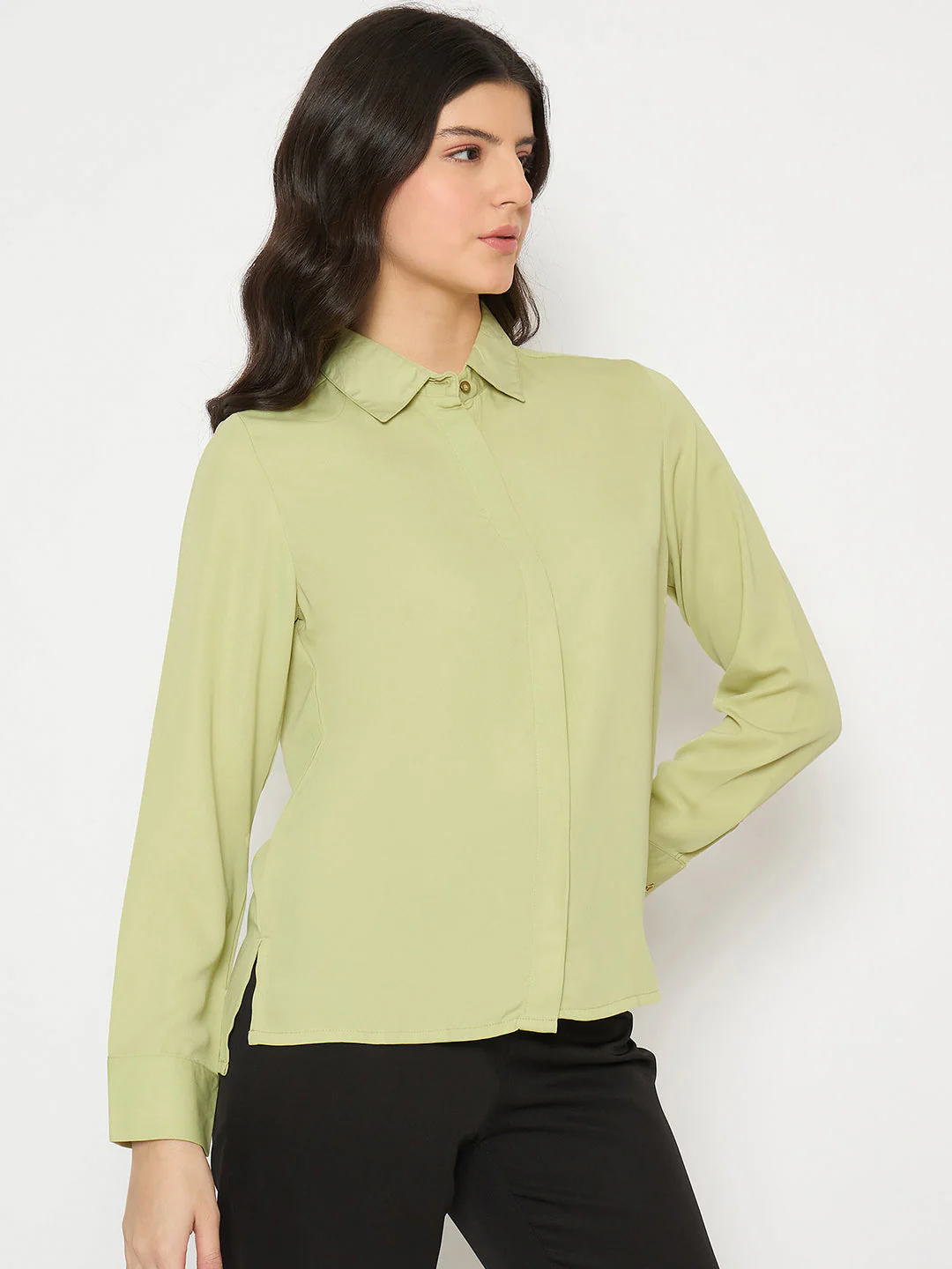 Madame Cuff Sleeve Solid Green Shirt - Image 4