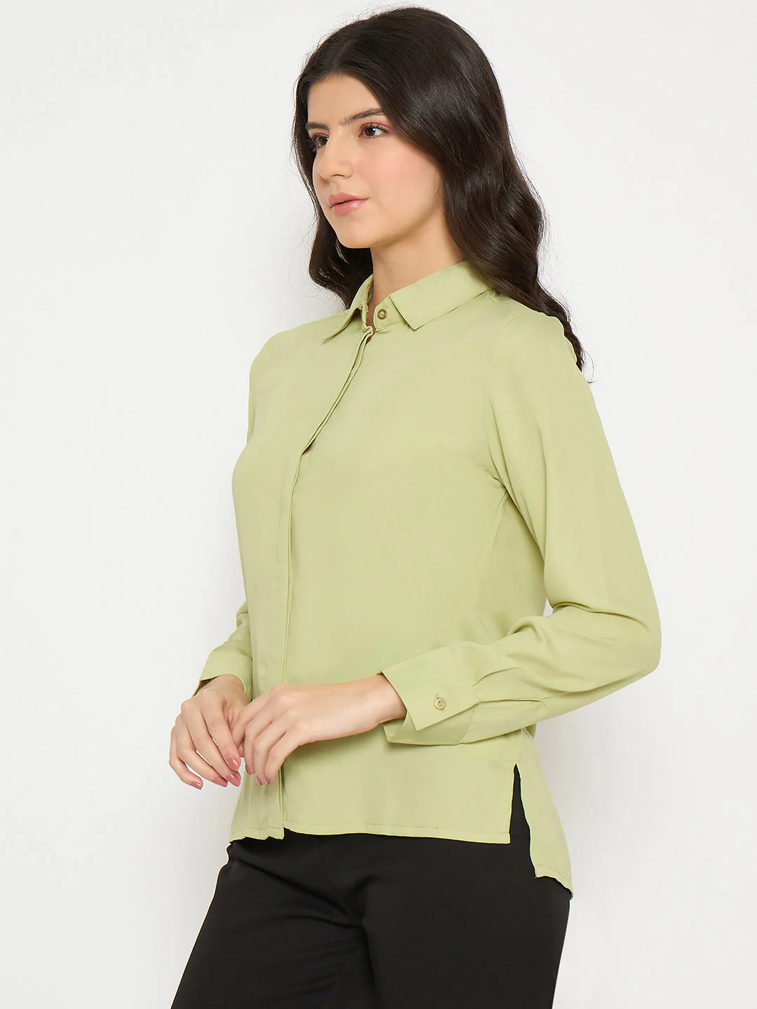 Madame Cuff Sleeve Solid Green Shirt - Image 5