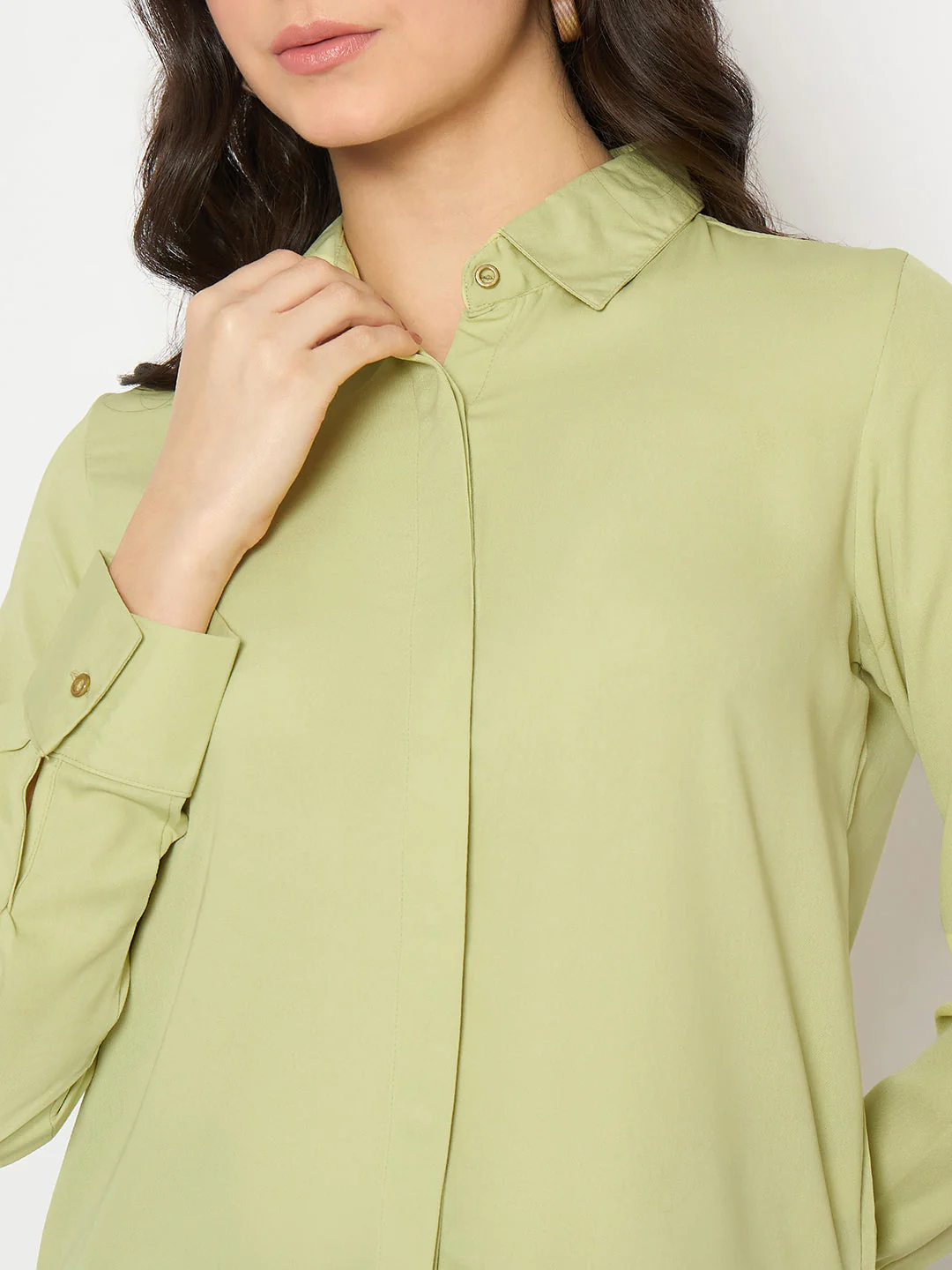 Madame Cuff Sleeve Solid Green Shirt - Image 7