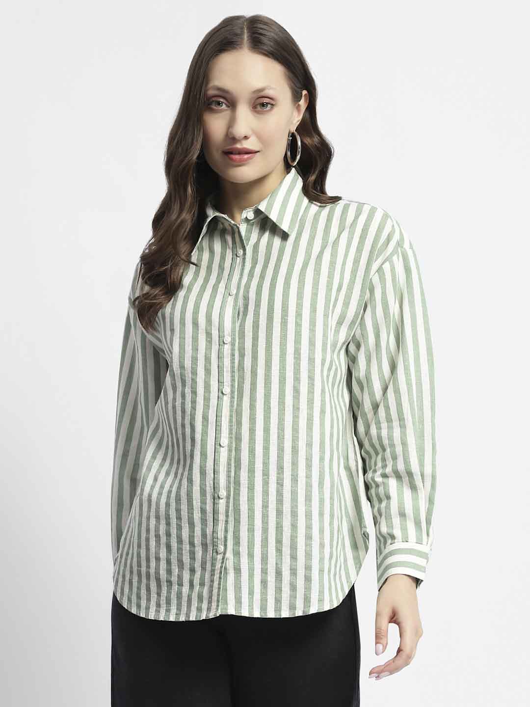 Madame Dusty Green And White Striped Regular Shirt - Image 2