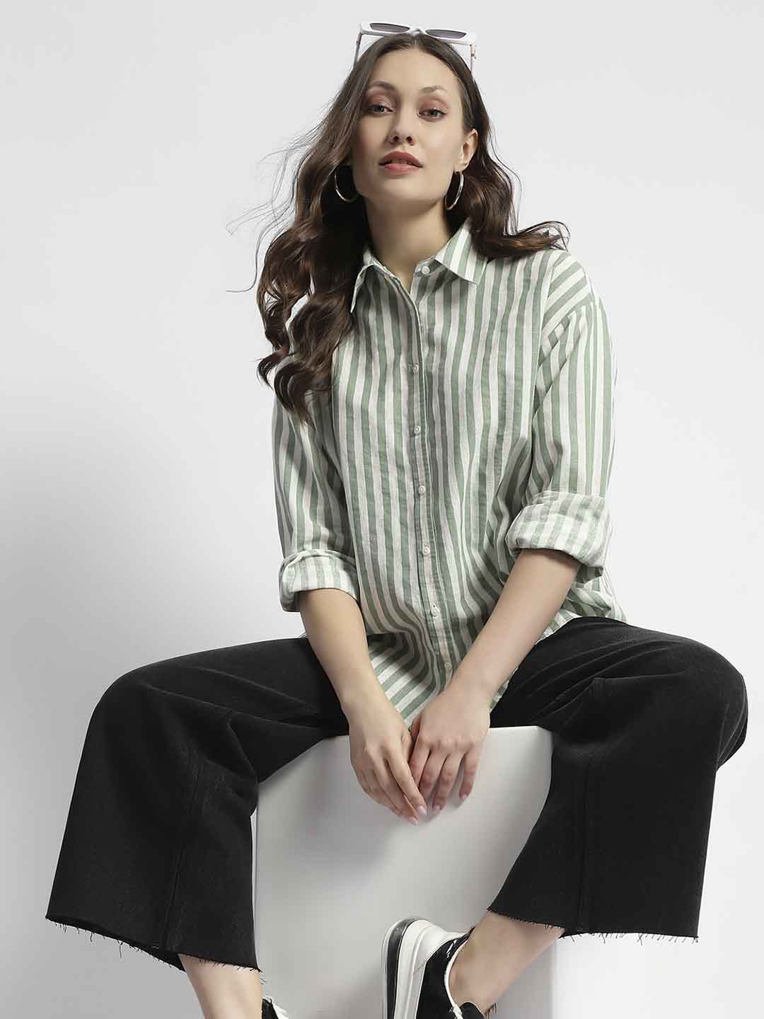 Madame Dusty Green And White Striped Regular Shirt - Image 3