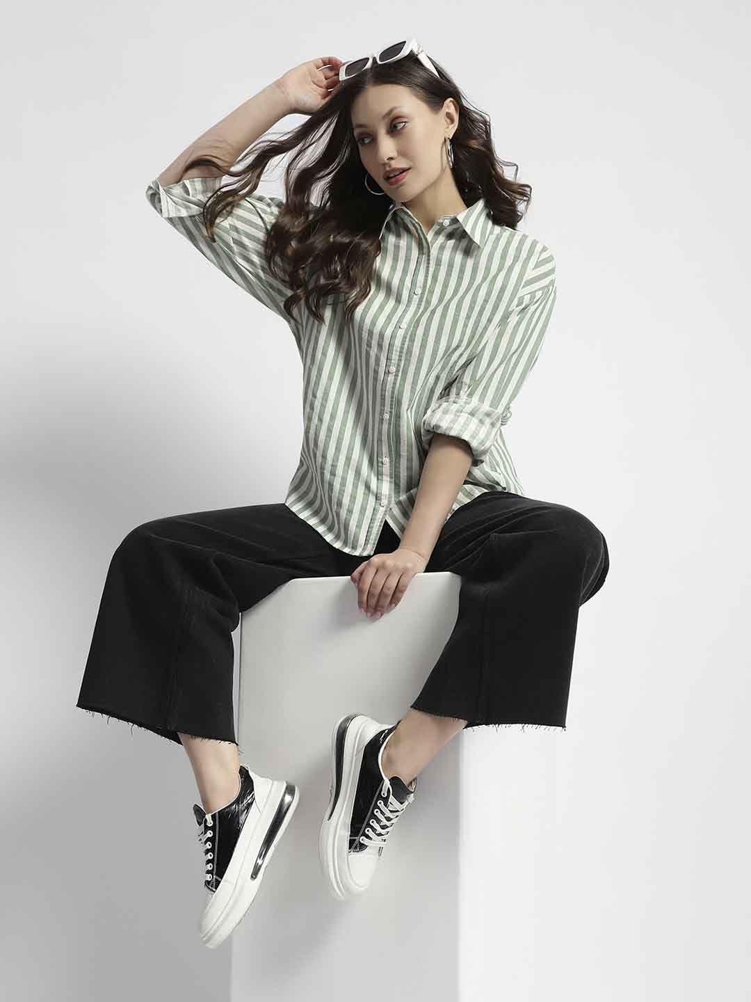 Madame Dusty Green And White Striped Regular Shirt - Image 4