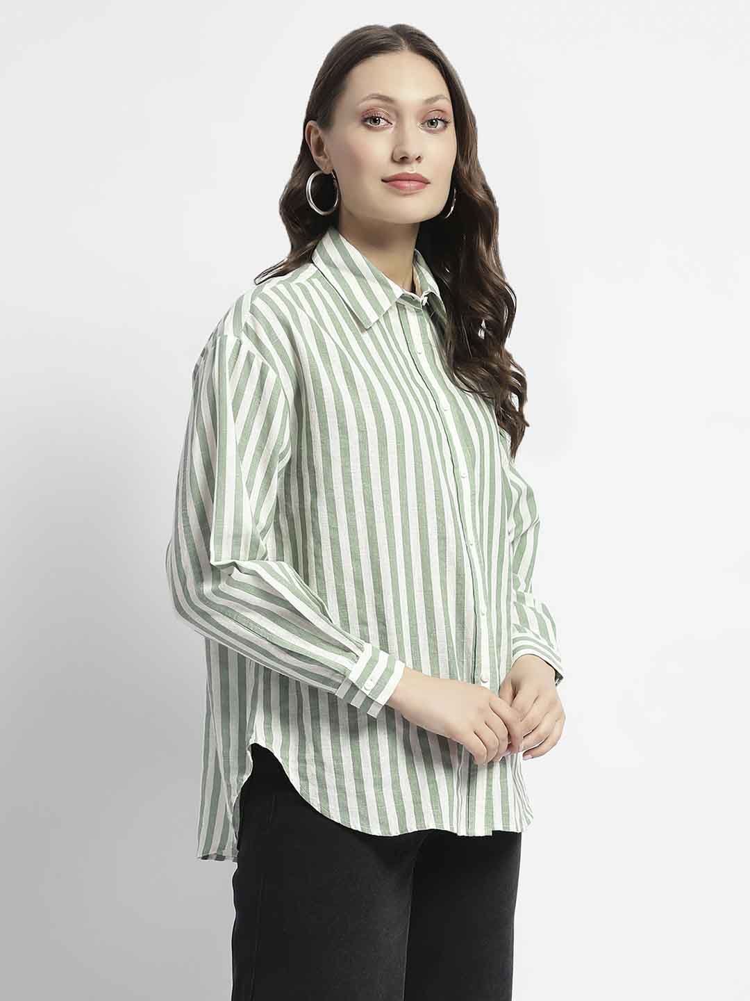 Madame Dusty Green And White Striped Regular Shirt - Image 5