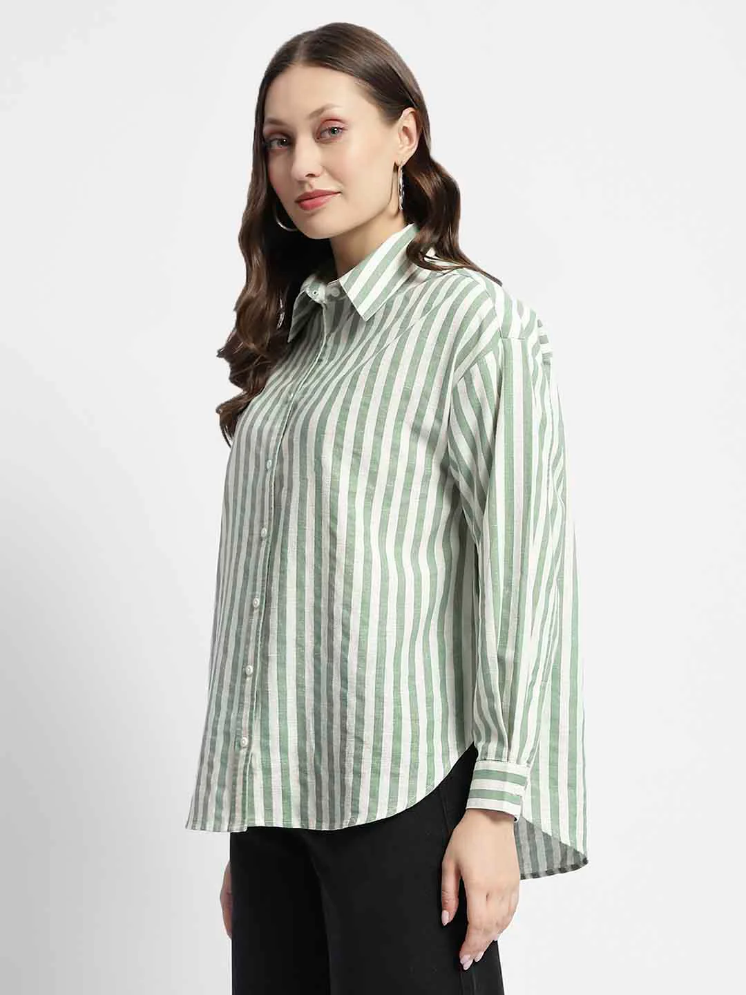 Madame Dusty Green And White Striped Regular Shirt - Image 6