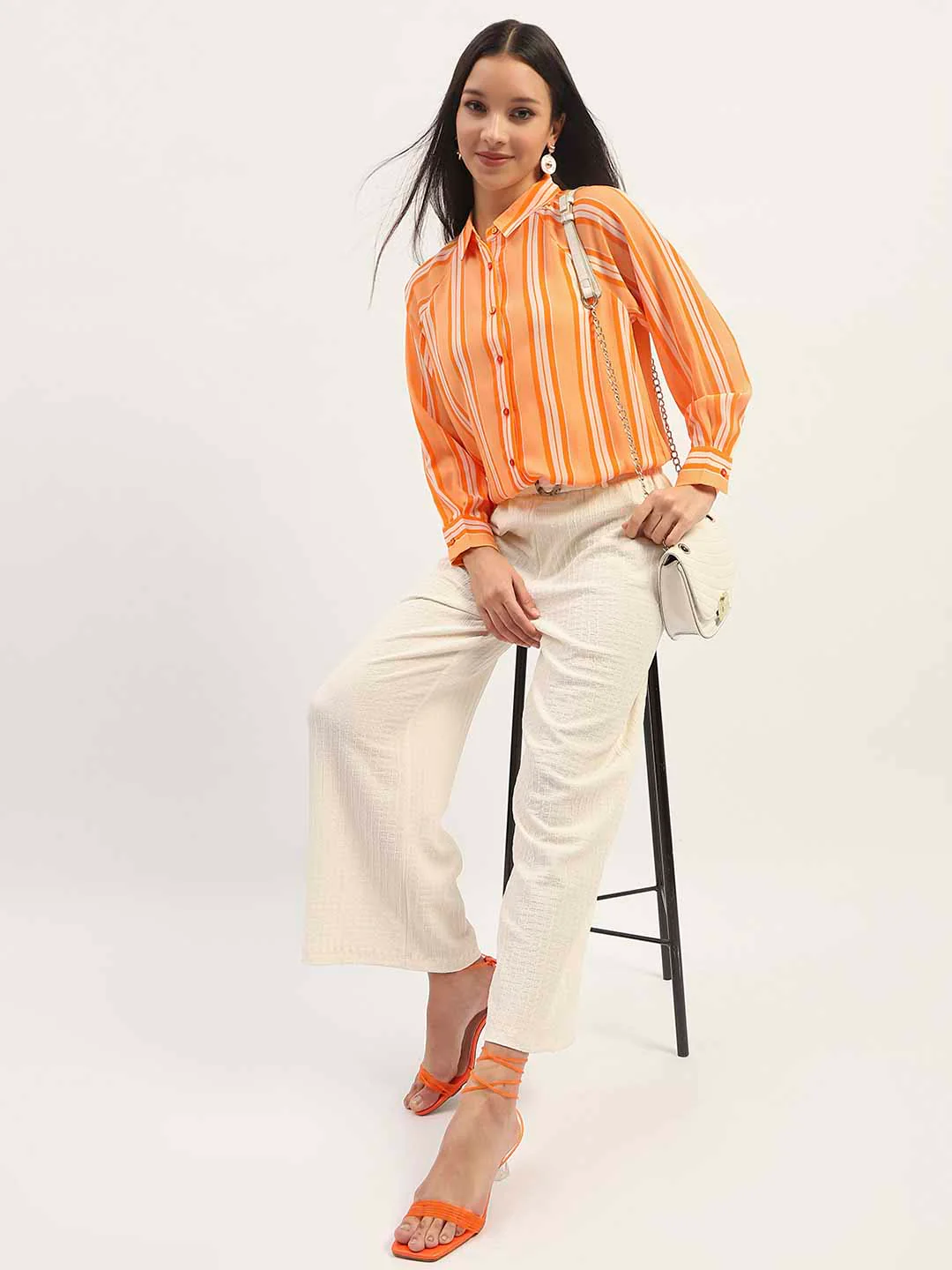 Madame Stripes Printed Orange Shirt - Image 3
