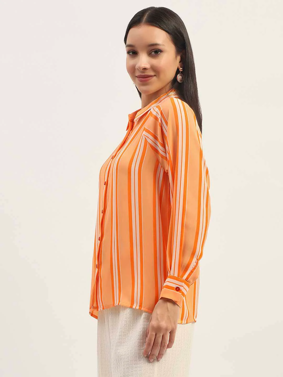 Madame Stripes Printed Orange Shirt - Image 5