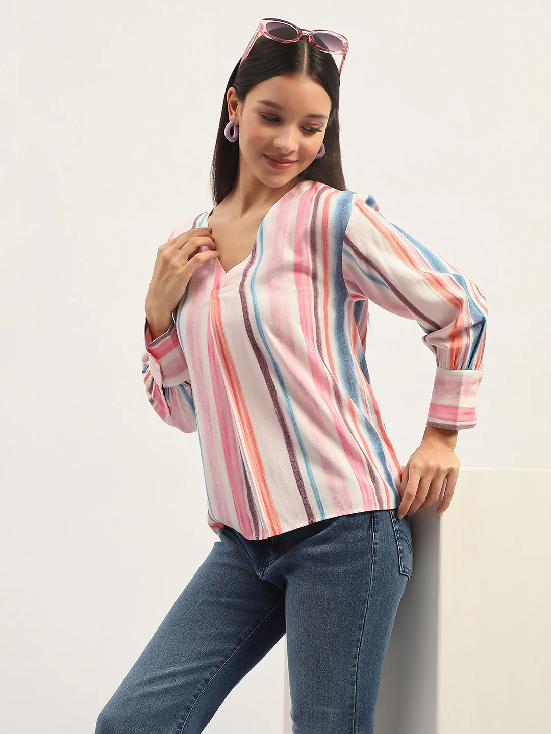 Madame Multicolor Striped V Neck Top