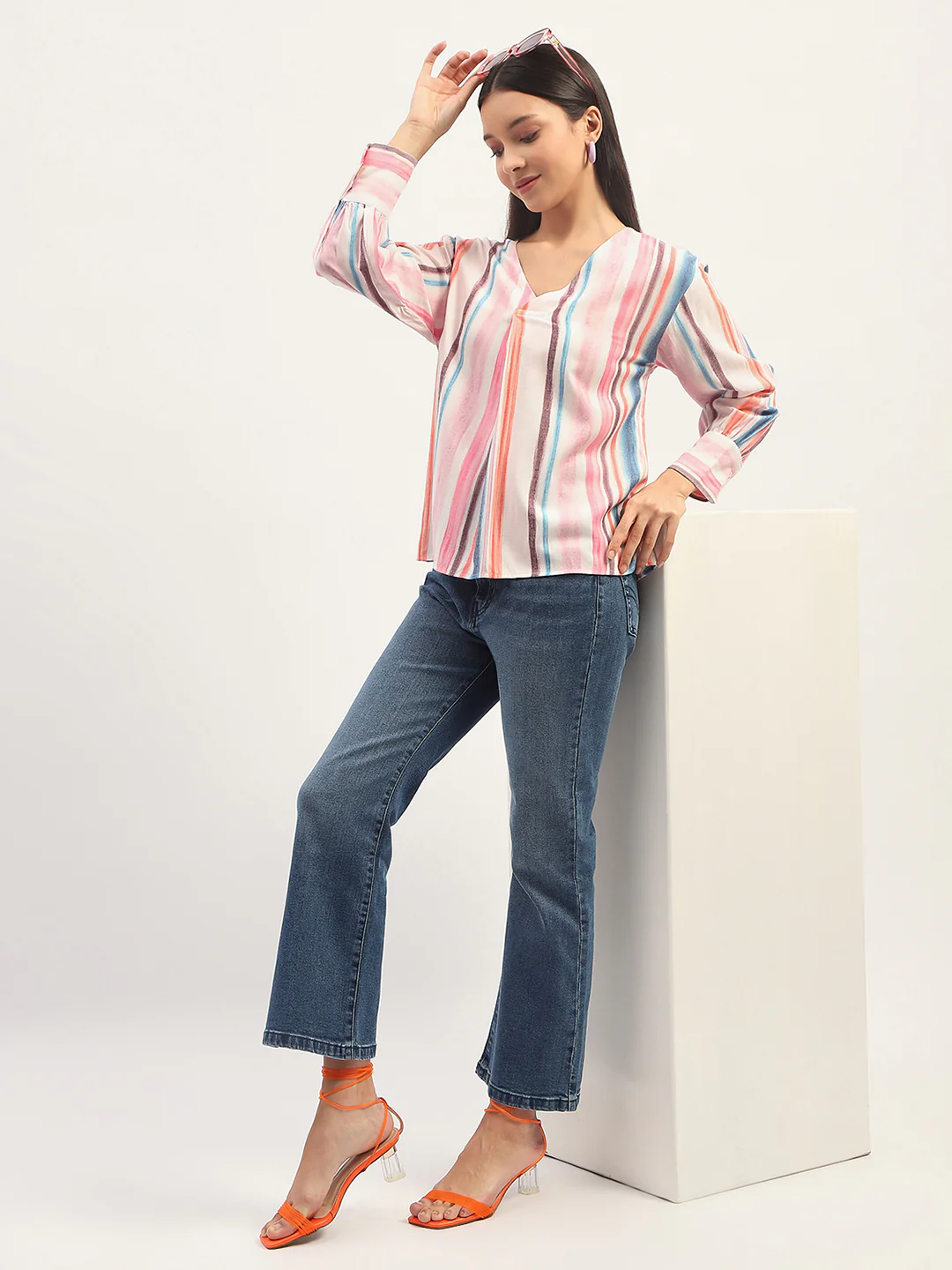 Madame Multicolor Striped V Neck Top - Image 2