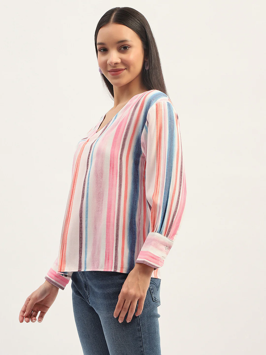 Madame Multicolor Striped V Neck Top - Image 5