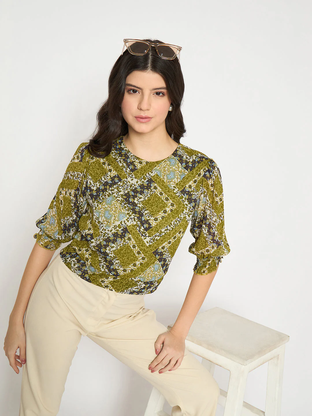 Madame Geometric Print Cinch Waist Green Top