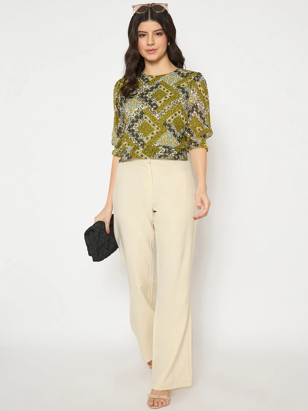 Madame Geometric Print Cinch Waist Green Top - Image 2