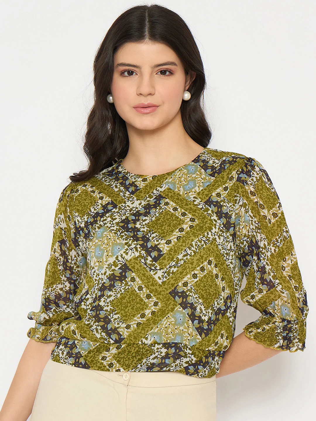 Madame Geometric Print Cinch Waist Green Top - Image 3