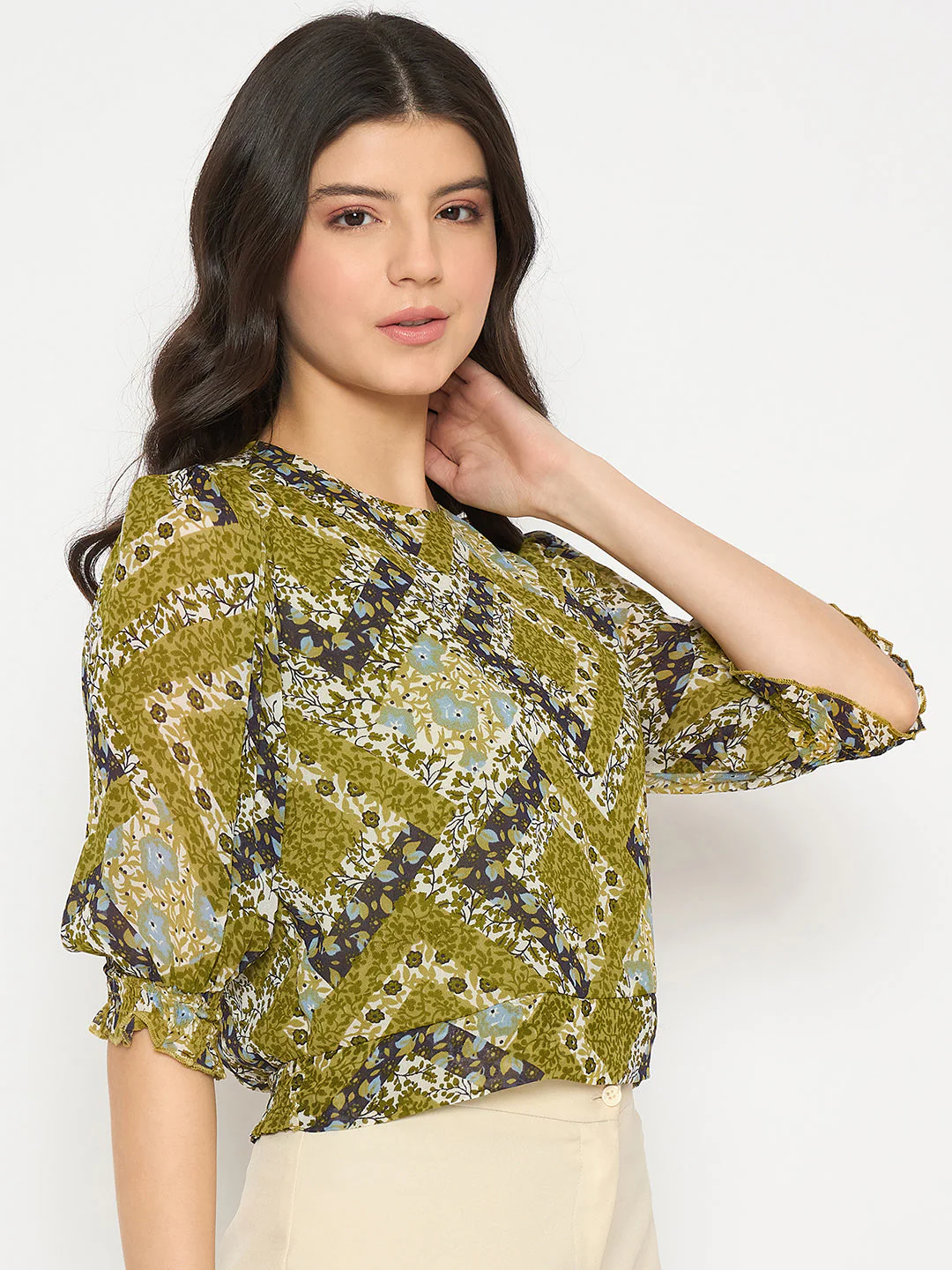 Madame Geometric Print Cinch Waist Green Top - Image 4